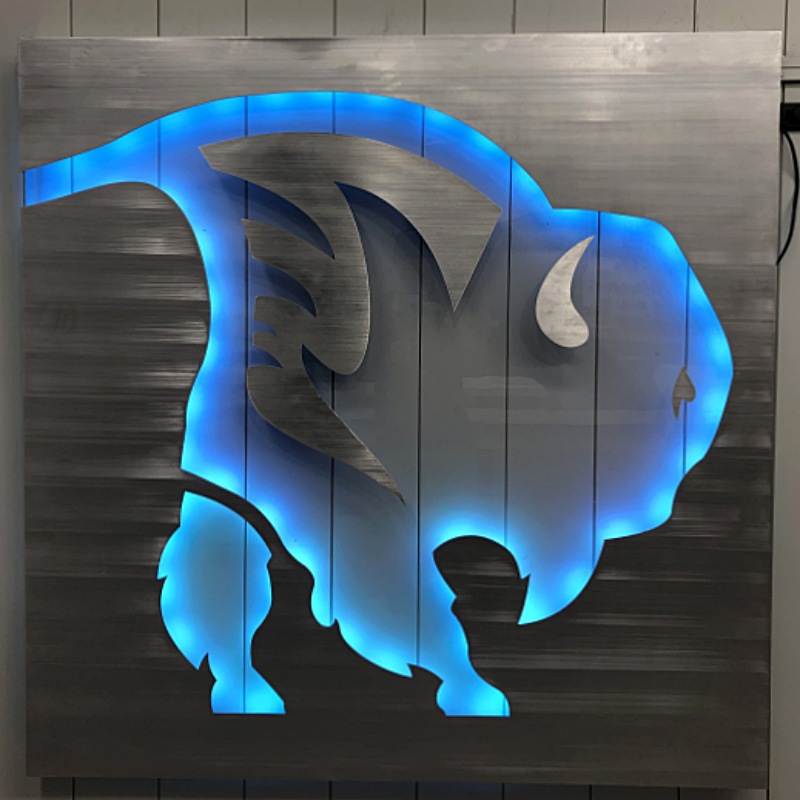 ANG Buffalo two layer brushed aluminum acrylic halo lit interior 3d sign