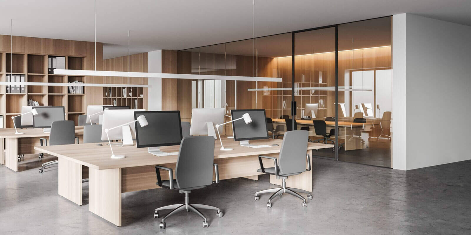 wooden and white open space office corner