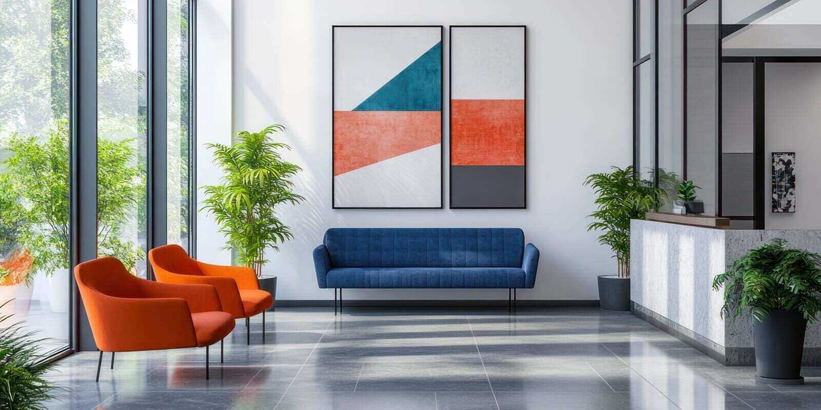 modern office lobby waiting area with plants, sunlight, and abstract art