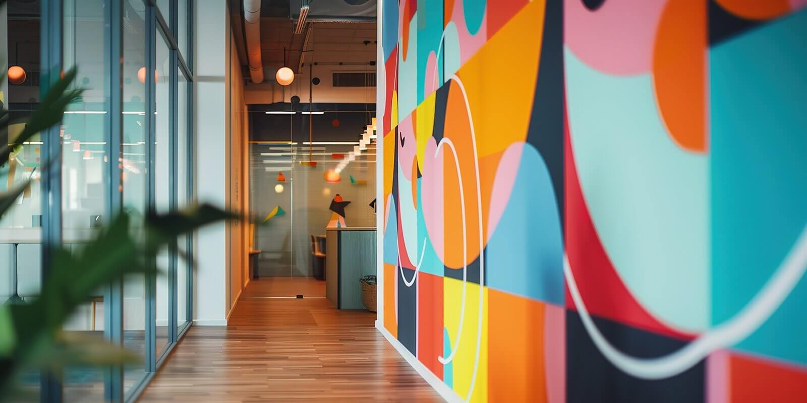 modern office hallway with vibrant abstract wall art