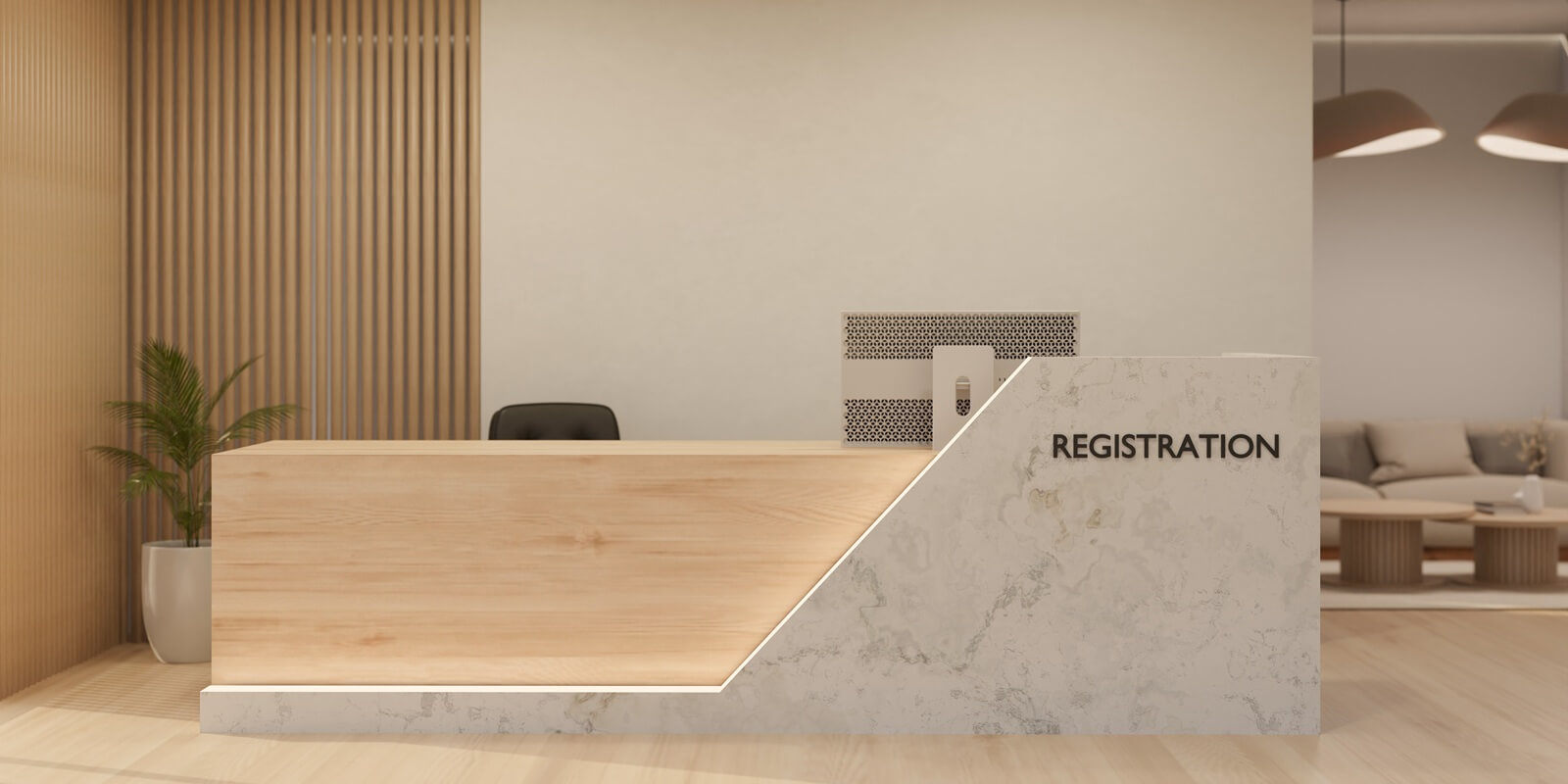 modern, luxury, and beautiful registration counter or lobby front desk area interior design