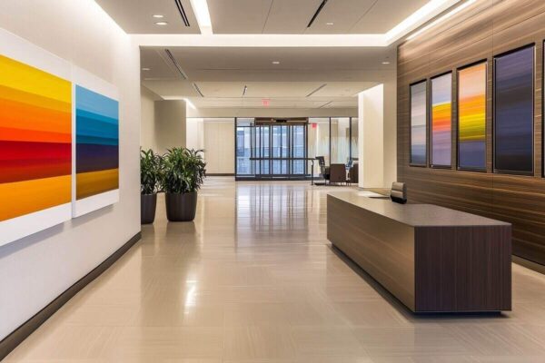 modern office lobby featuring vibrant abstract art and a reception desk