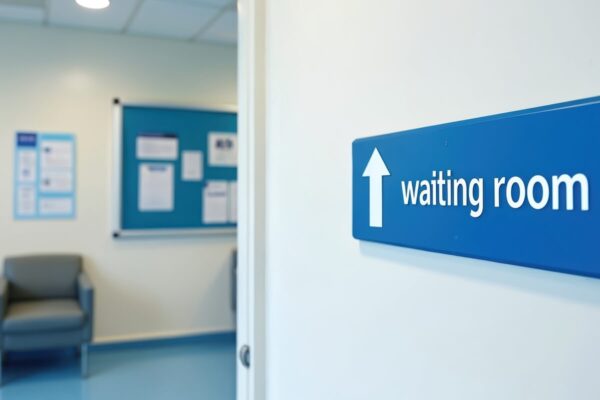 british hospital waiting room sign points towards empty clean corridor